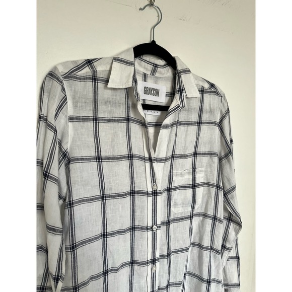 Grayson Anthropologie Size 1 (US XS) The Hero 100 Linen Plaid White Blue Button - Picture 3 of 6